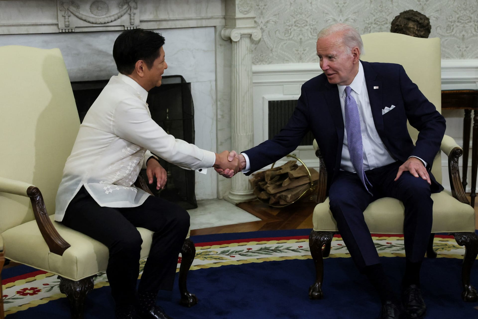 <p>U.S. President Joe Biden greets Philippine President Ferdinand Marcos Jr. during a bilateral meeting in the Oval Office at the White House in Washington on May 1, 2023. </p>

