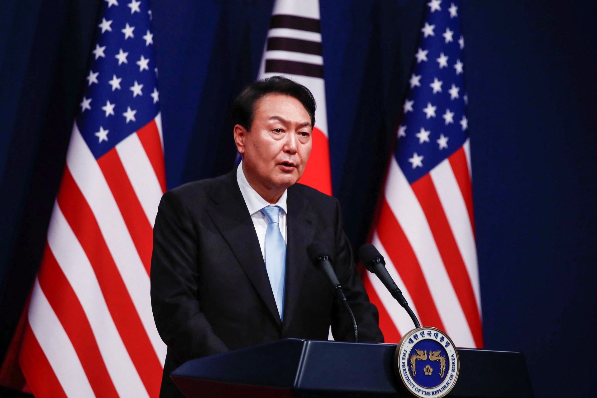 <p>South Korean President Yoon Suk-yeol speaks during a joint news conference with U.S. President Joe Biden at the presidential office in Seoul, South Korea on May 21, 2022.</p>
