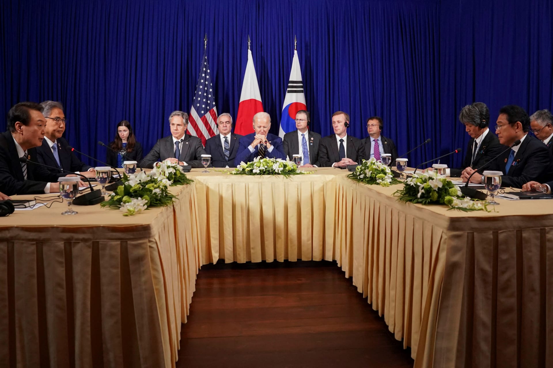 <p>U.S. President Joe Biden attends a trilateral meeting with South Korean President Yoon Suk-yeol and Japanese Prime Minister Fumio Kishida in Phnom Penh, Cambodia on November 13, 2022. </p>
