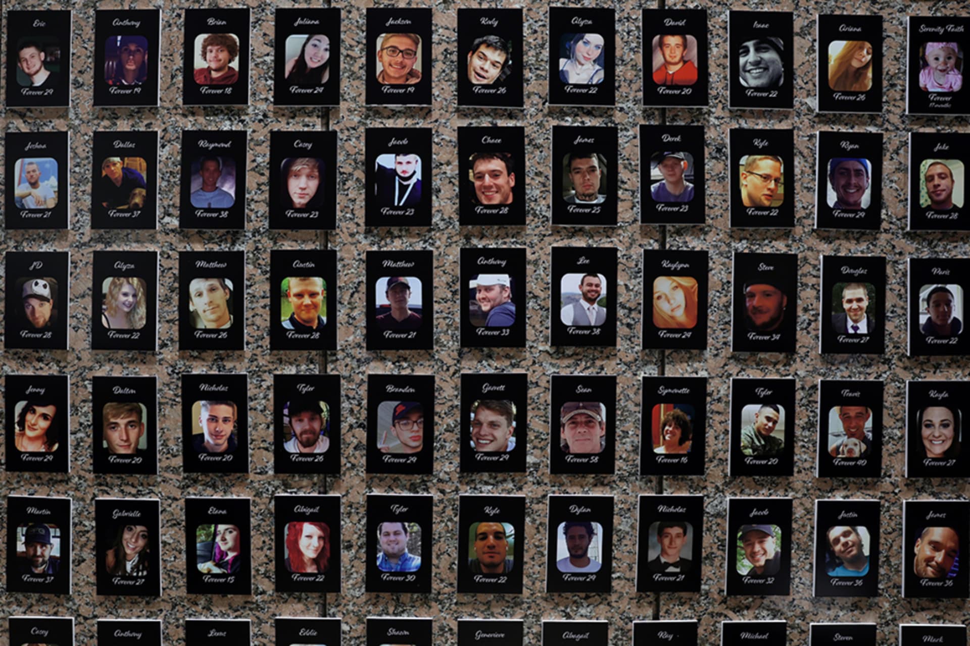 <p>Photos of fentanyl victims shown at the U.S. Drug Enforcement Administration headquarters. </p>
