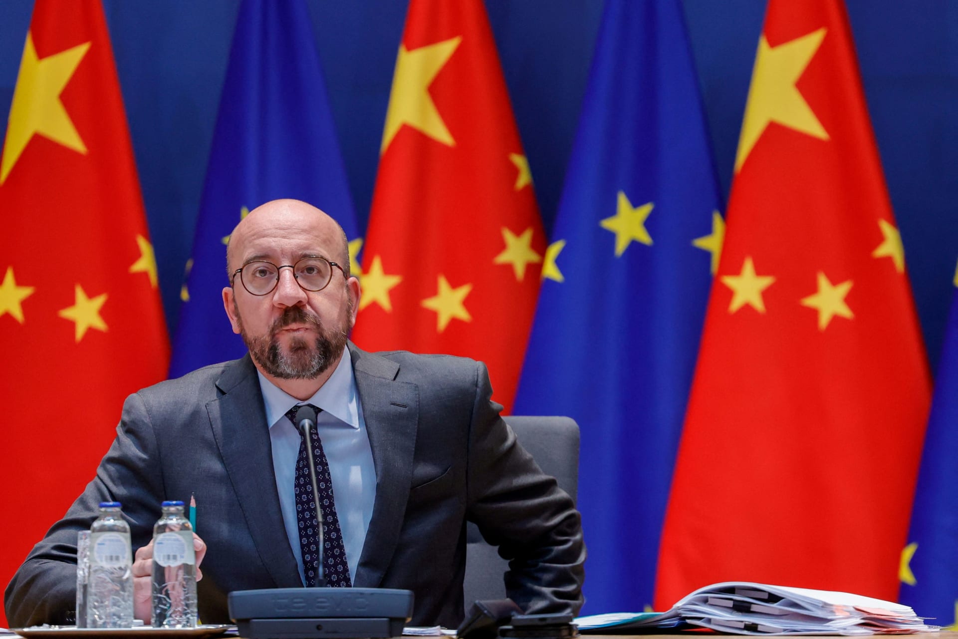 <p>European Council President Charles Michel speaks with European Union foreign policy chief Josep Borrell, European Commission President Ursula von der Leyen and the Chinese President Xi Jinping via video conference during an EU China summit at the European</p>
