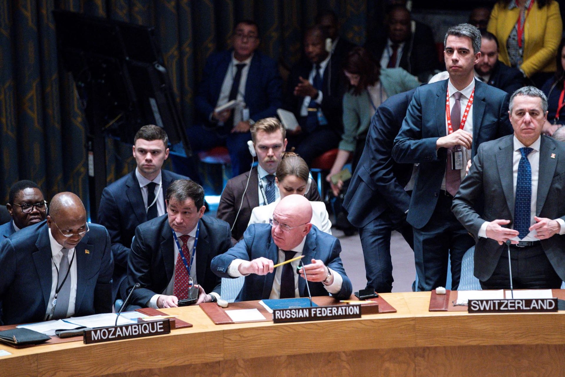 <p>Russian Ambassador to the United Nations Vasily Nebenzya responds, as Ukraine’s Foreign Minister Dmytro Kuleba asks for a minute of silence during a meeting at the United Nations Security Council to mark one year since Russia invaded Ukraine.</p>
