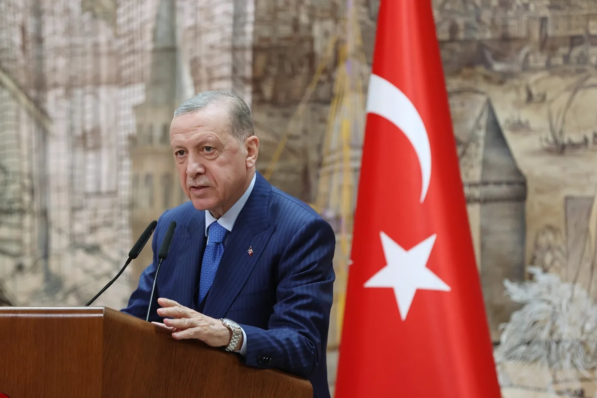 <p>Turkish President, Recep Tayyip Erdoğan in a blue suit speaking at podium</p>

