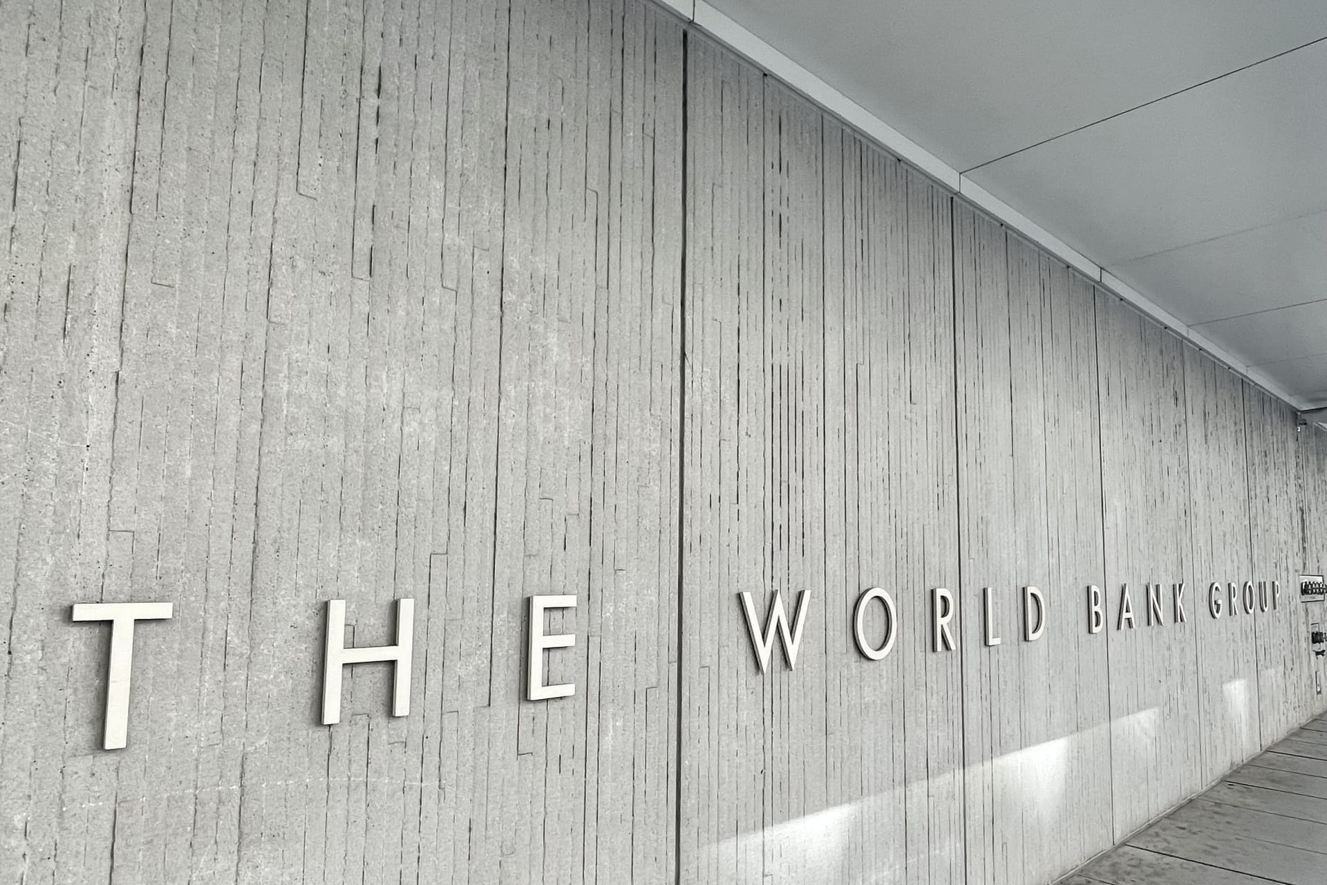 <p>The World Bank Group logo is seen on the institution’s building in Washington, DC </p>
