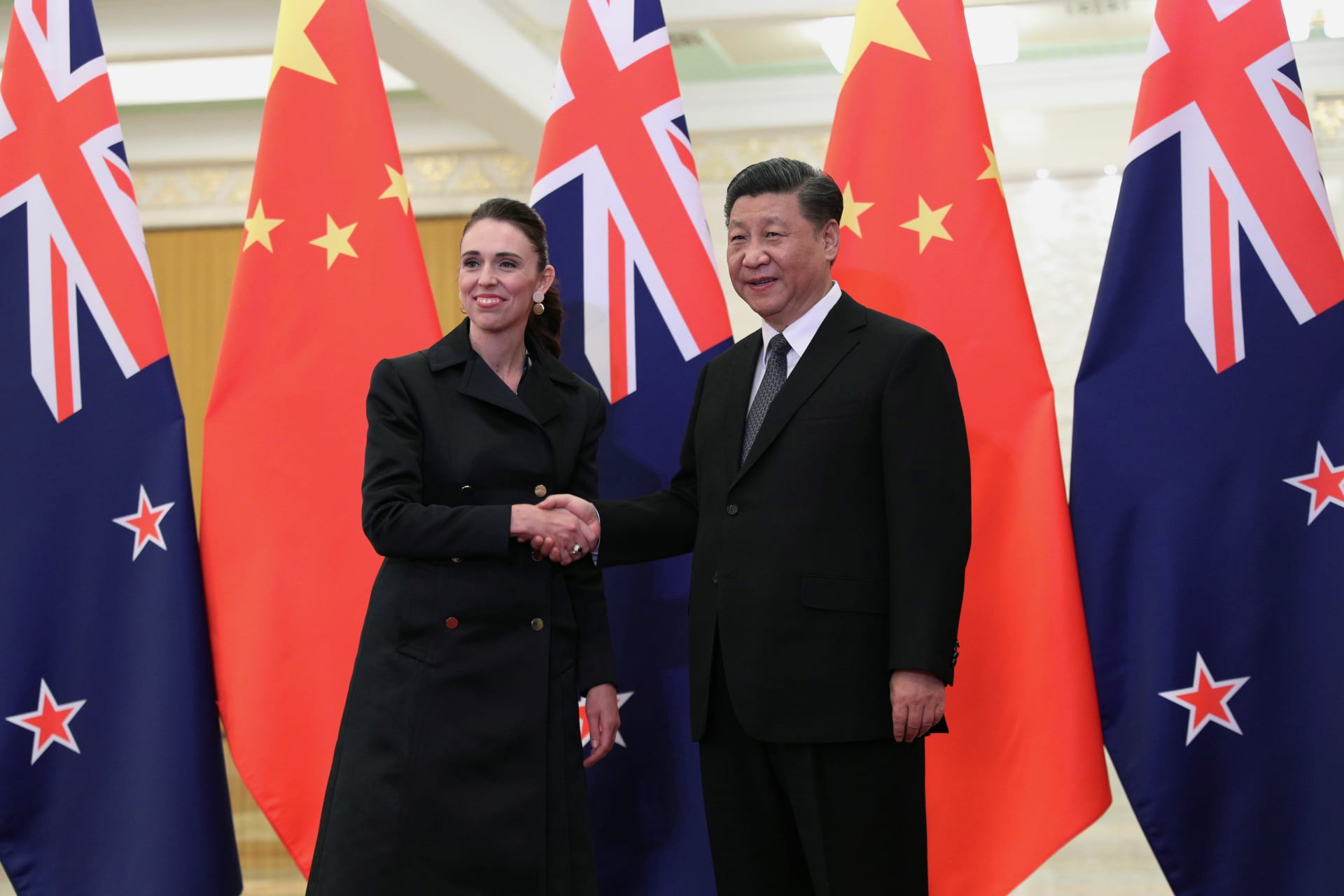 <p>Chinese President Xi Jinping and New Zealand Prime Minister Jacinda Ardern shake hands before the meeting at the Great Hall of the People in Beijing, China, on April 1, 2019.</p>
