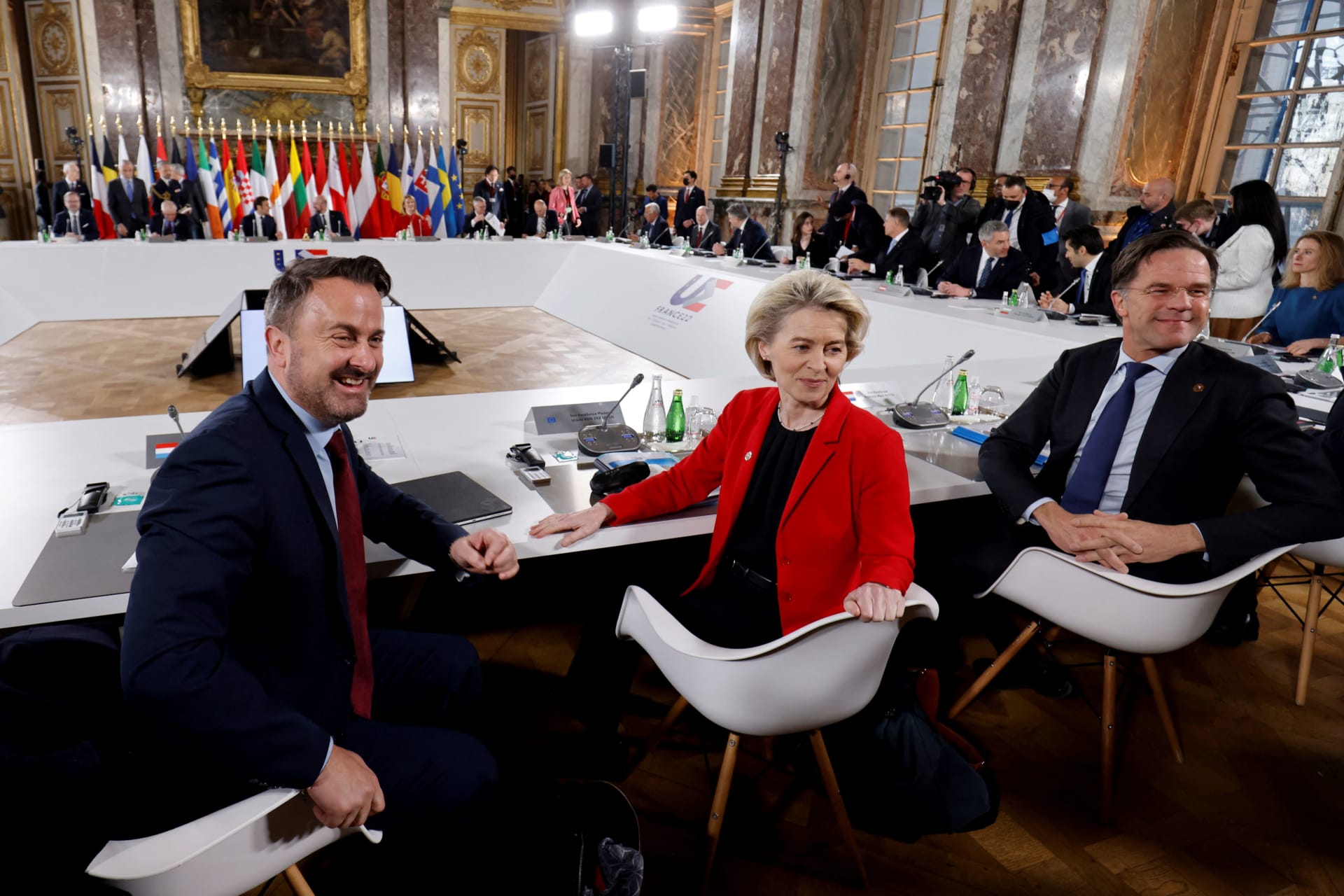<p>Luxembourg’s Prime Minister Xavier Bettel, President of the European Commission Ursula von der Leyen, and Netherlands’ Prime Minister Mark Rutte turn to face the media at an EU summit in March 2022.</p>
