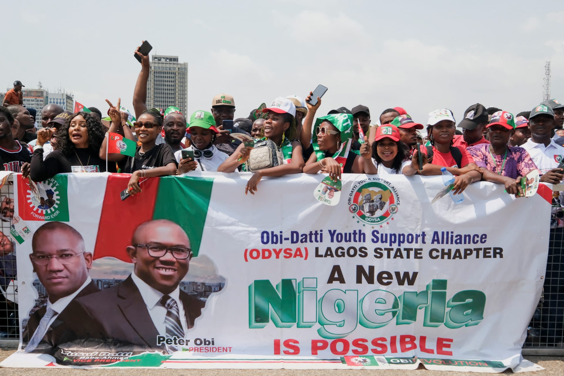 <p>Supporters of the Labour party’s presidential candidate, Peter Obi, attend a campaign rally ahead of the Nigerian presidential election in Lagos, Nigeria on February 11, 2023.</p>
