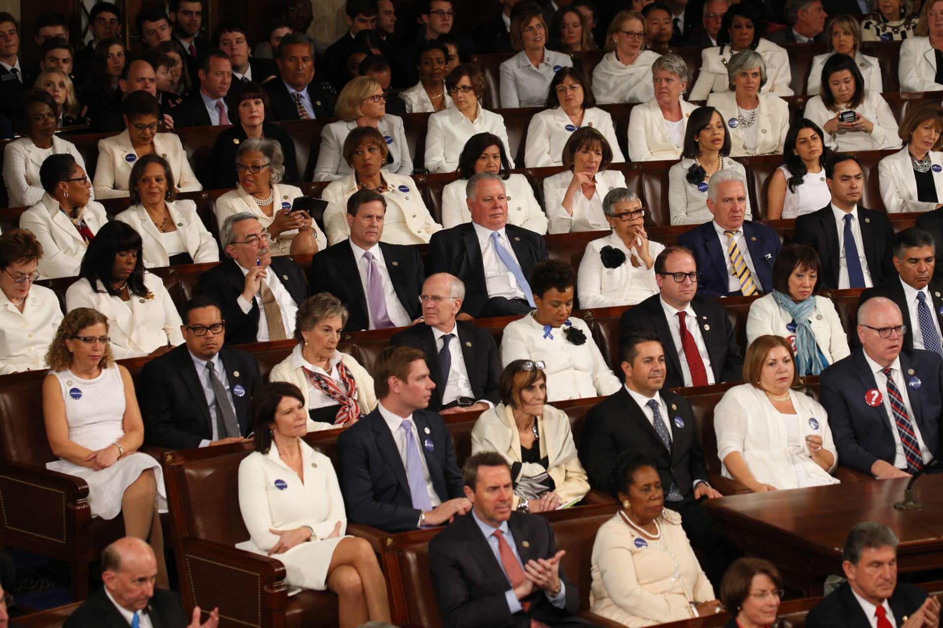 <p>Female Democratic members of Congress dressed in white to highlight women’s issues during former President Trump’s address to Congress</p>

