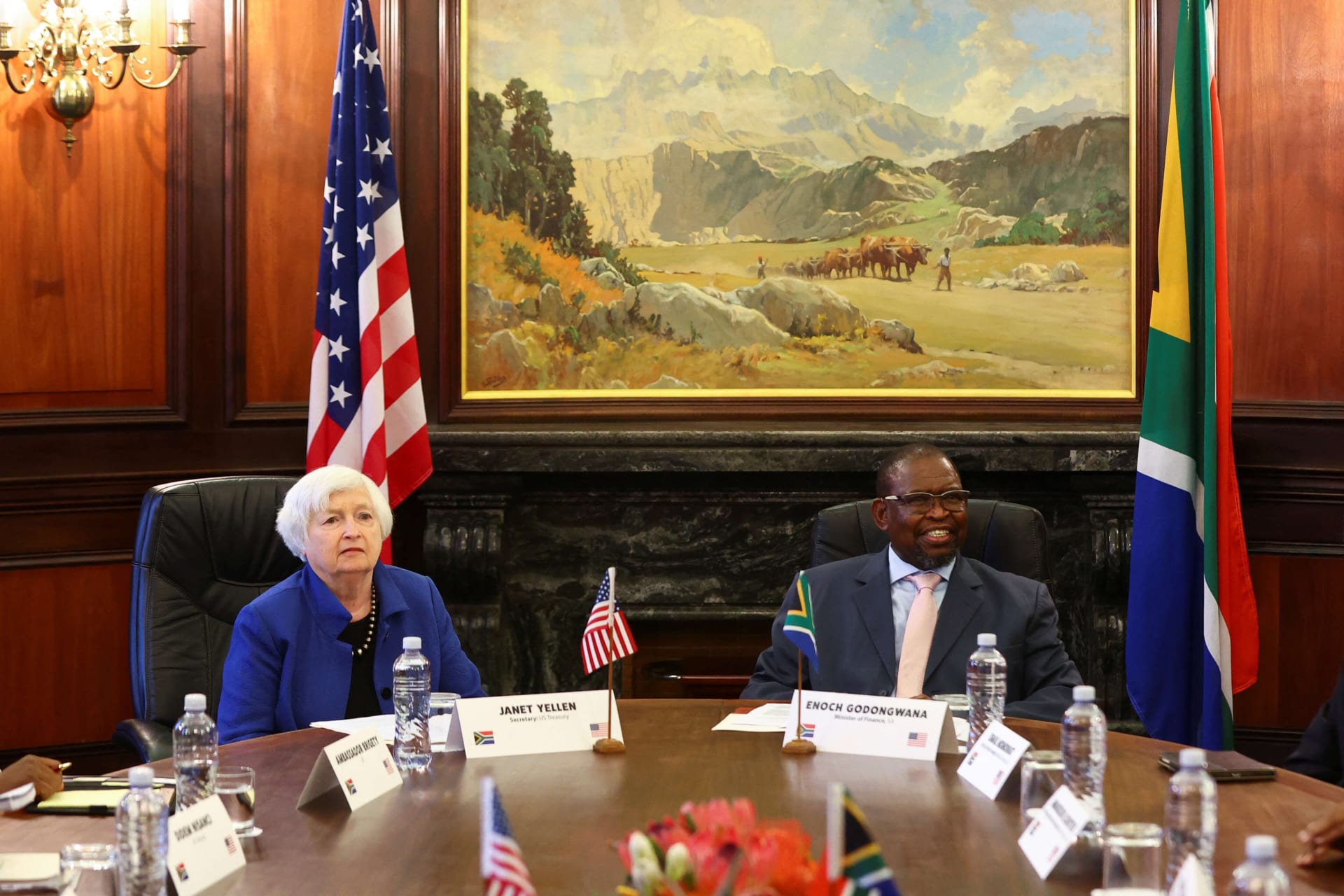 <p>U.S. Treasury Secretary Janet Yellen and South Africa’s Finance Minister Enoch Godongwana attend bilateral talks in Pretoria, South Africa on January 26, 2023. </p>

