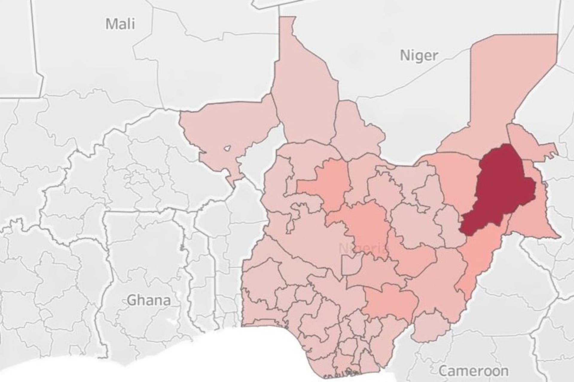 <p>The map depicts deaths by state. Borno State, in Nigeria’s North East, is the epicenter of Boko Haram-related violence, which has also spilled into neighboring Adamawa and Yobe states, among others.</p>
