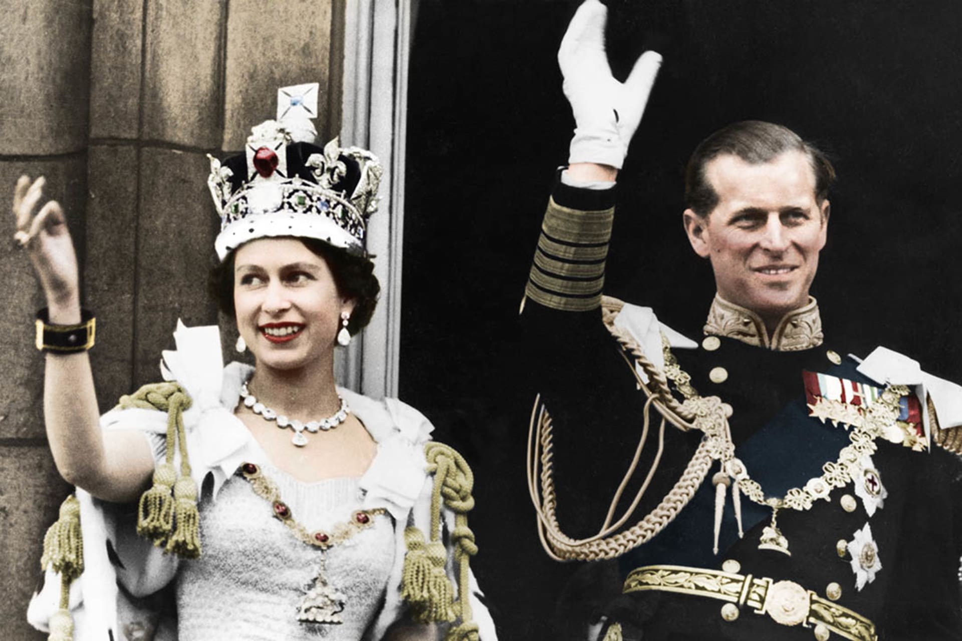 <p>Queen Elizabeth II and the Duke of Edinburgh on her coronation day at Buckingham Palace in 1953. </p>
