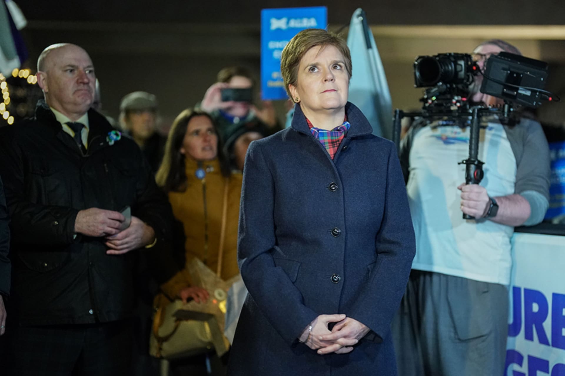 <p>First Minister Nicola Sturgeon, leader of the Scottish National Party, attends a pro-independence demonstration outside Holyrood, the Scottish Parliament, on November 23, 2022.</p>
