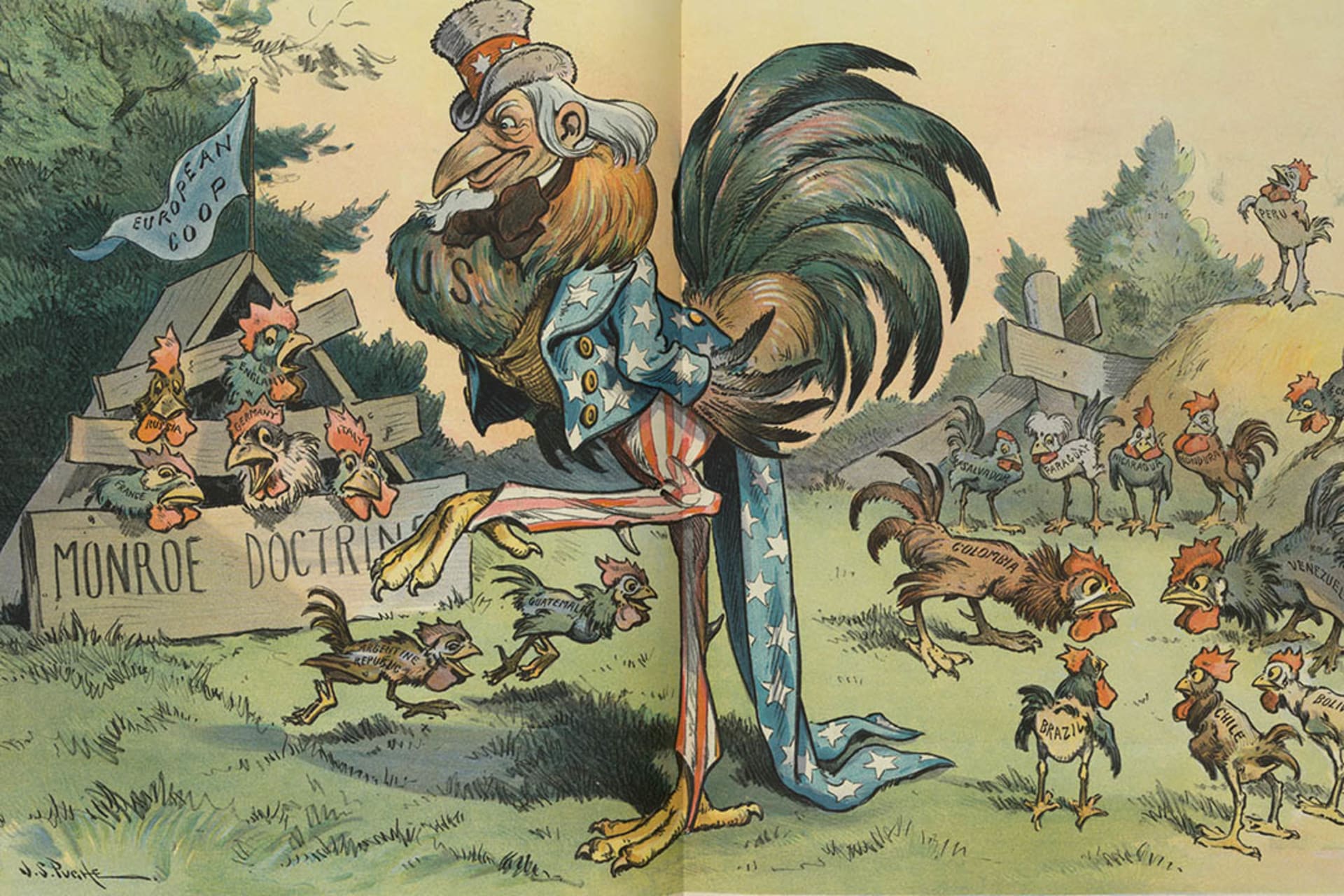 <p>Political cartoon depicting Uncle Sam as a large rooster protecting smaller roosters—Latin American countries—and Europe “cooped up” by the Monroe Doctrine. </p>
