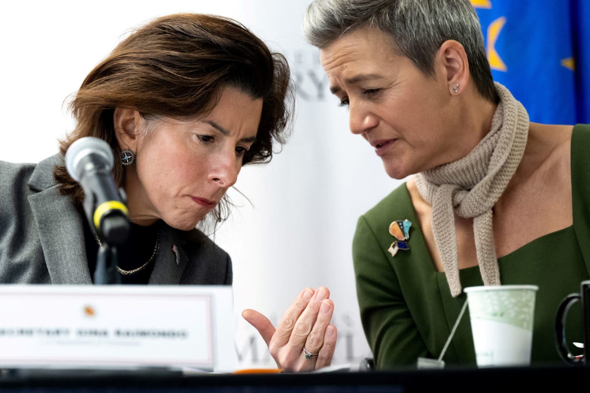 <p>U.S. Secretary of Commerce Gina Raimondo and European Commission Executive Vice-President Margrethe Vestager participate in a U.S.-EU Stakeholder Dialogue during the Trade and Technology Council Ministerial Meeting at the University of Maryland.</p>
