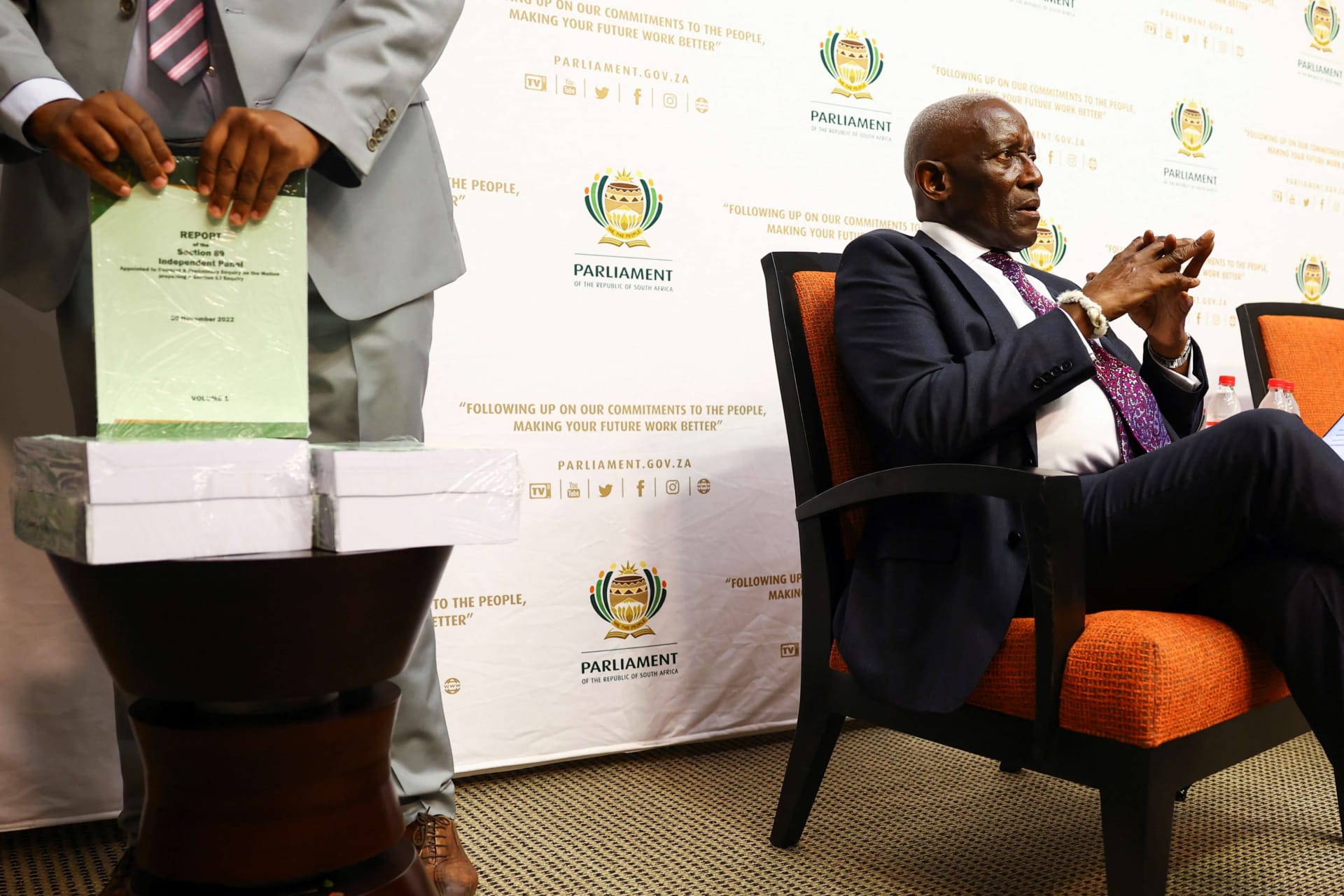 <p>South Africa’s former Chief Justice Sandile Ngcobo waits ahead of the handing over of the report on whether President Cyril Ramaphosa should face an impeachment inquiry over the Phala Phala scandal in Cape Town, South Africa on November 30, 2022.</p>
