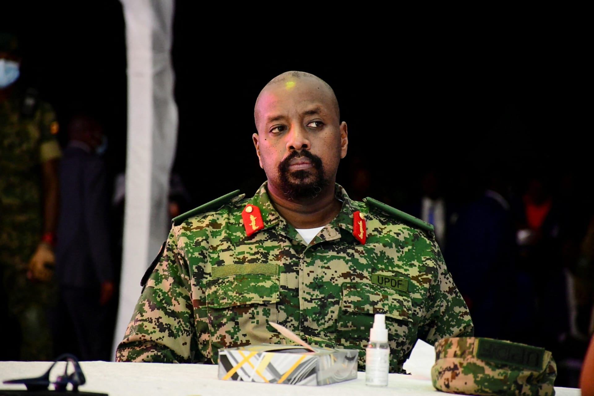 <p>Lt. General Muhoozi Kainerugaba, the son of Uganda’s President Yoweri Museveni, who leads the Ugandan army’s land forces, looks on during his birthday party in Entebbe, Uganda on May 7, 2022.</p>
