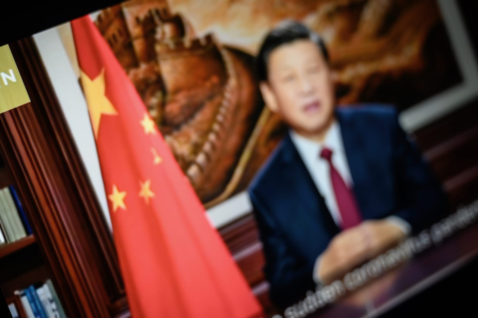 <p>Chinese state media company CGTN broadcasts a speech by Chinese President Xi Jinping.</p>
