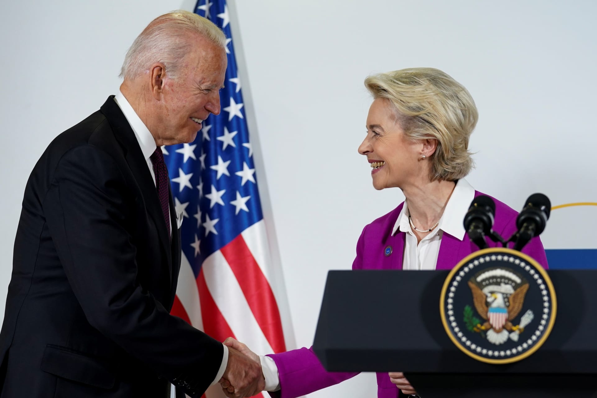 <p>U.S. President Joe Biden speaks with EU President Ursula von der Leyen after a meeting on the sidelines of the G20 Summit in Rome in October 2021.</p>
