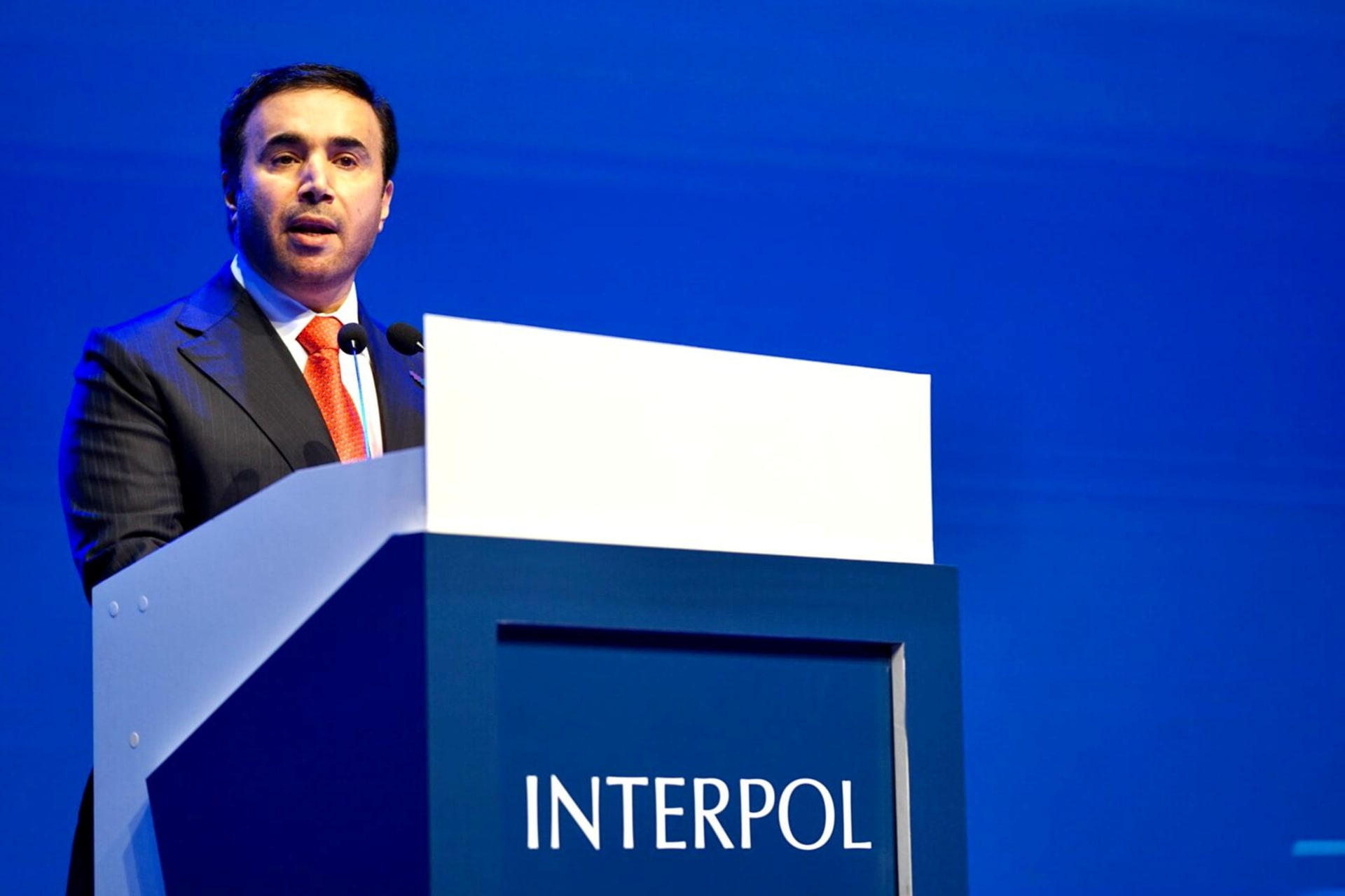 <p>Ahmed Nasser Al-Raisi, president of Interpol, speaks during the Interpol General Assembly in November 2021.</p>