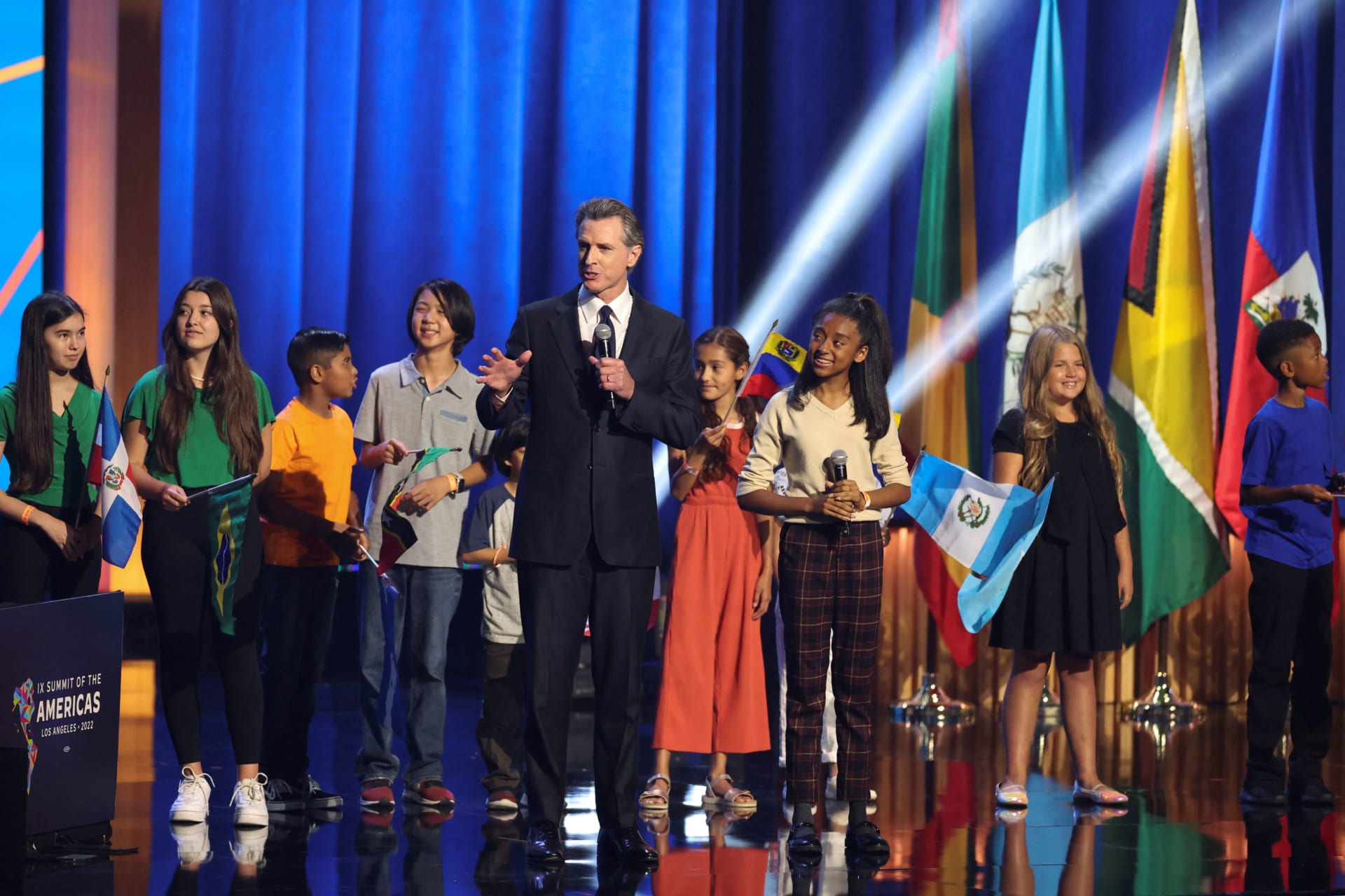 <p>California Governor Gavin Newsom speaks at the Summit of the Americas in Los Angeles, CA</p>
