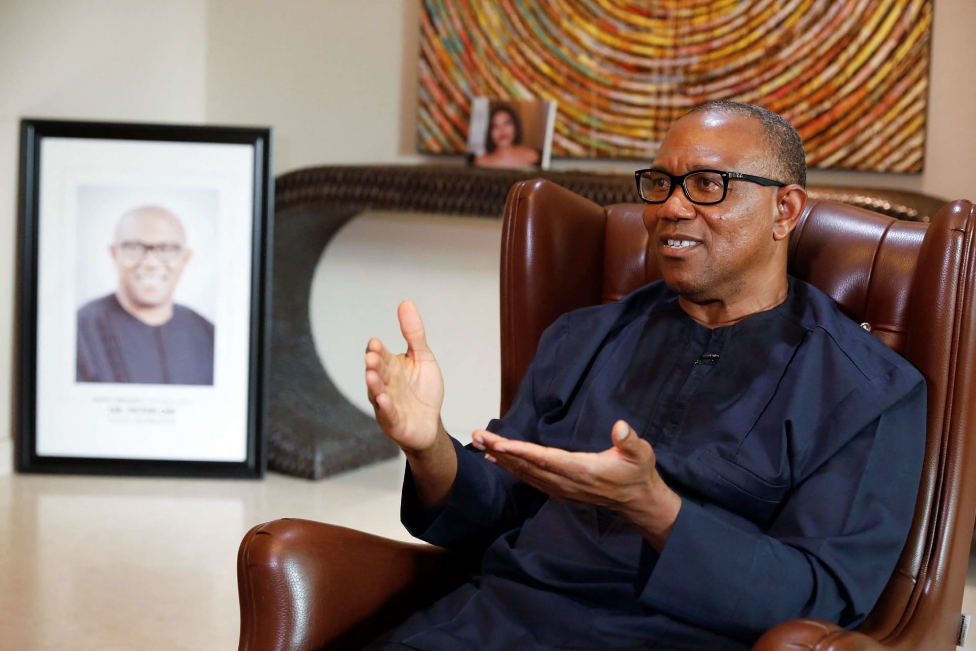 <p>Peter Obi, presidential candidate of the Labour Party, gestures during an interview with Reuters at his home in Lagos, Nigeria on August 18, 2022.</p>
