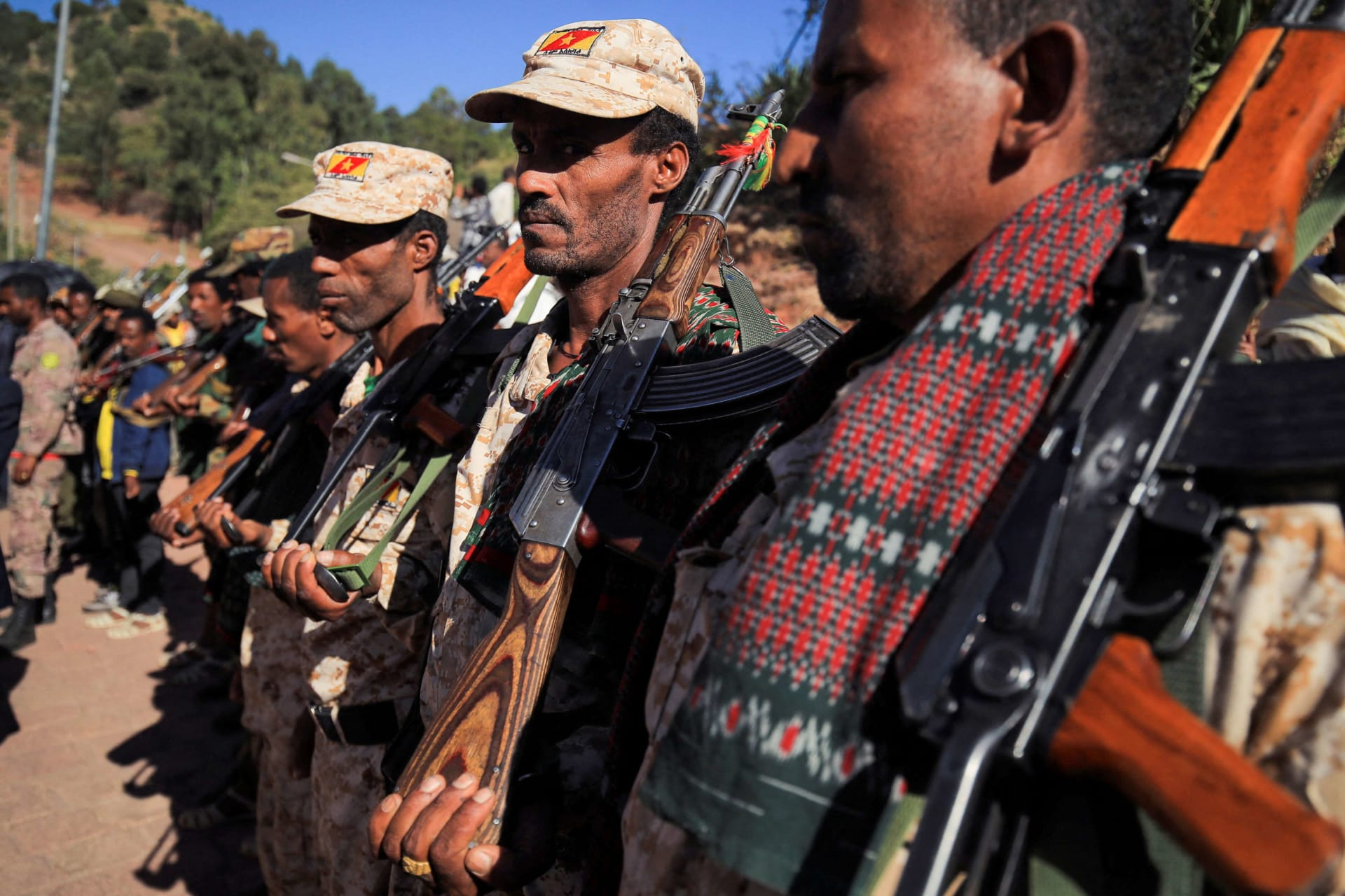 <p>Members of the Amhara Special Forces march during the annual St. George’s Day celebrations in the Lalibela town of the Amhara Region, Ethiopia, on January 25, 2022.</p>

