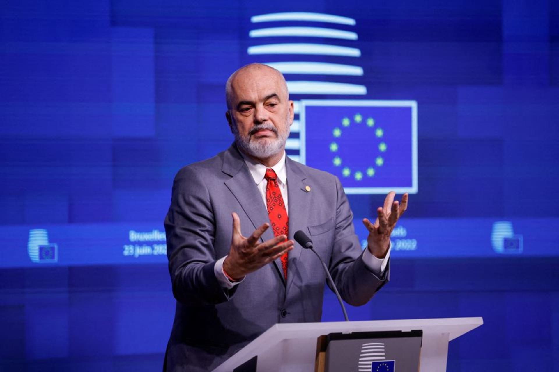 <p>Albanian Prime Minister Edi Rama speaks during a news conference in Brussels, Belgium in June 2022.</p>
