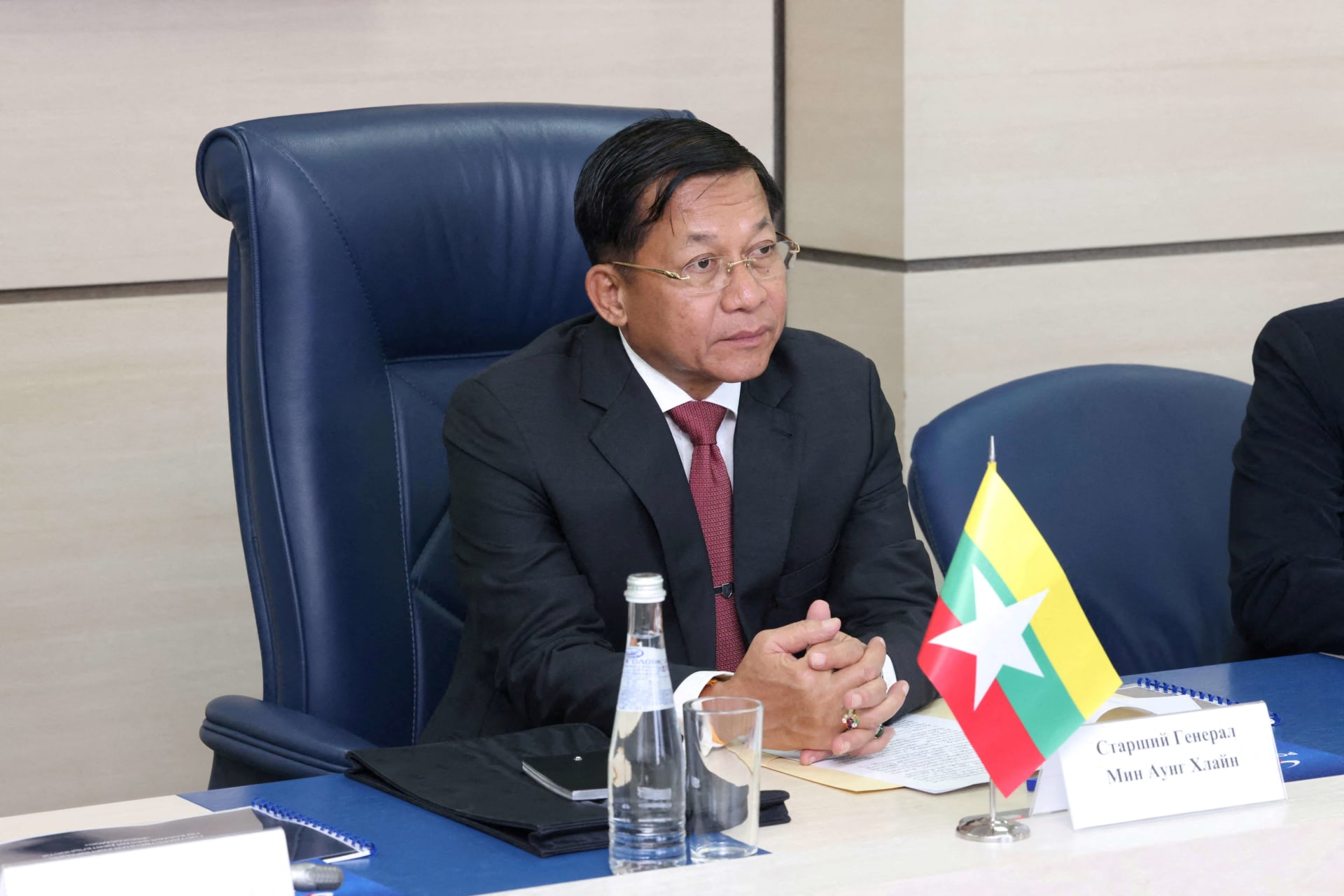<p>Myanmar’s Prime Minister and State Administrative Council Chairman Min Aung Hlaing attends a meeting with Director General of Roscosmos Dmitry Rogozin in Moscow, Russia, on July 12, 2022.</p>
