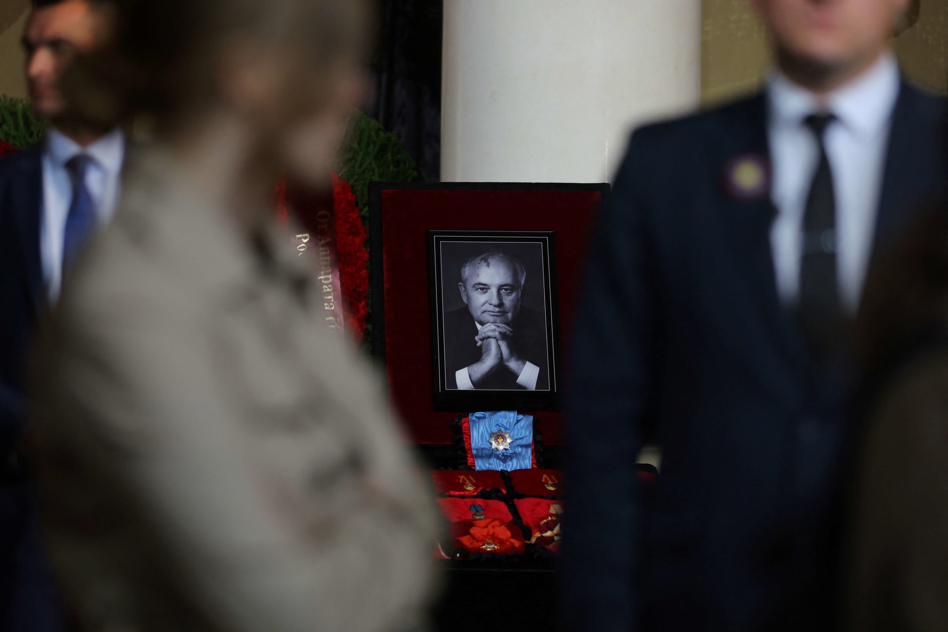 <p>A view shows a portrait of Mikhail Gorbachev, the last leader of the Soviet Union, during his memorial service at the Column Hall of the House of Unions in Moscow, Russia on September 3, 2022.</p>
