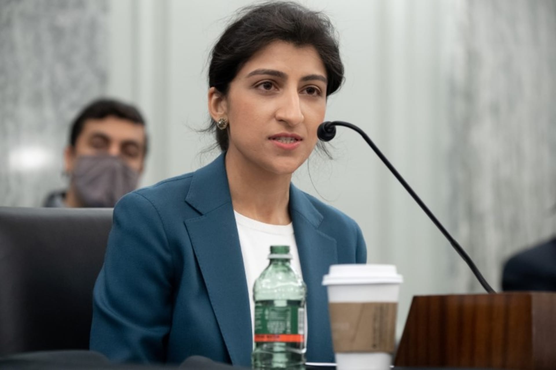 <p>FTC Chairwoman Lina Khan testifies on Capitol Hill in April 2021.</p>
