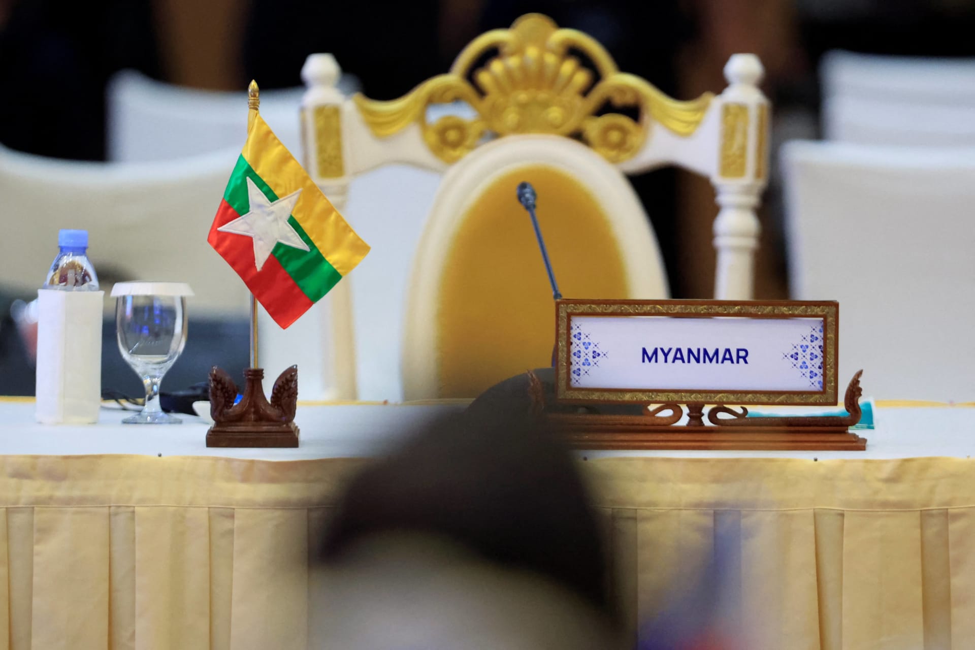 <p>The seat for Myanmar’s Foreign Minister Wunna Maung Lwin is seen empty during the ASEAN Foreign Ministers Meeting in Phnom Penh, Cambodia, on August 4, 2022.</p>

