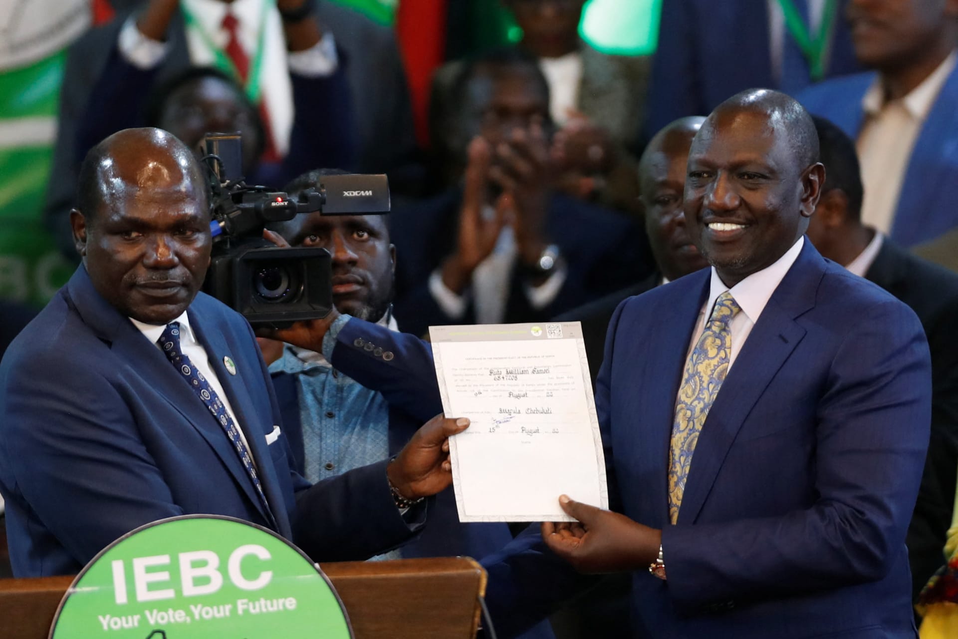 <p>Kenya’s Deputy President and presidential candidate William Ruto reacts after being declared the winner of Kenya’s presidential election, at the IEBC National Tallying Centre in Nairobi, Kenya August 15, 2022. </p>
