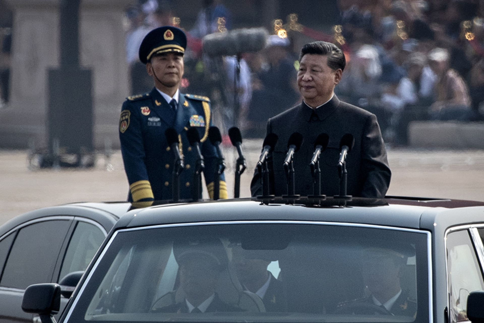 <p>Chinese President Xi Jinping after inspecting the troops on October 1, 2019 in Beijing, China.</p>
