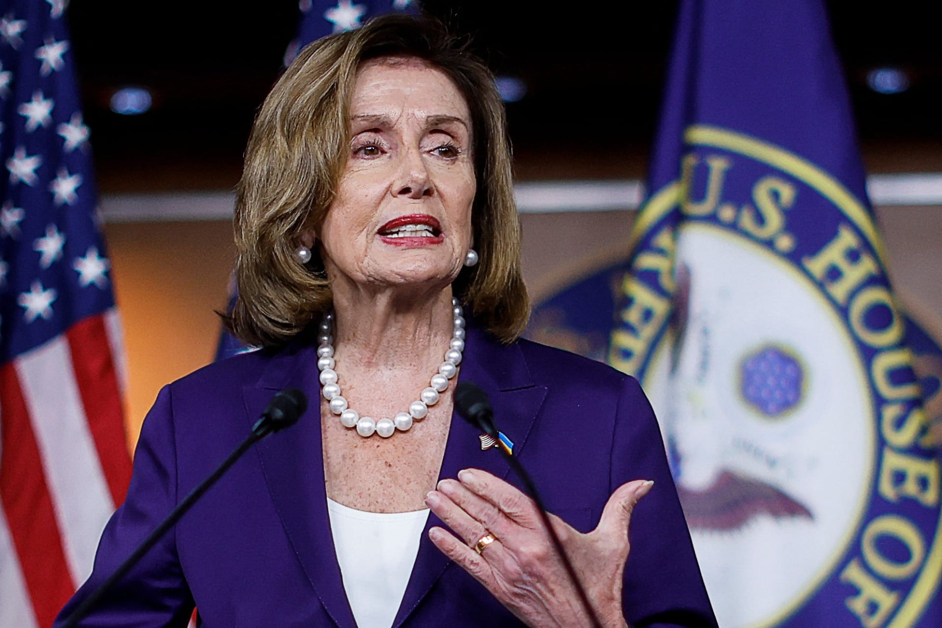 <p>U.S. Speaker of the House Nancy Pelosi addresses reporters during a news conference in the U.S. Capitol in July 2022.</p>
