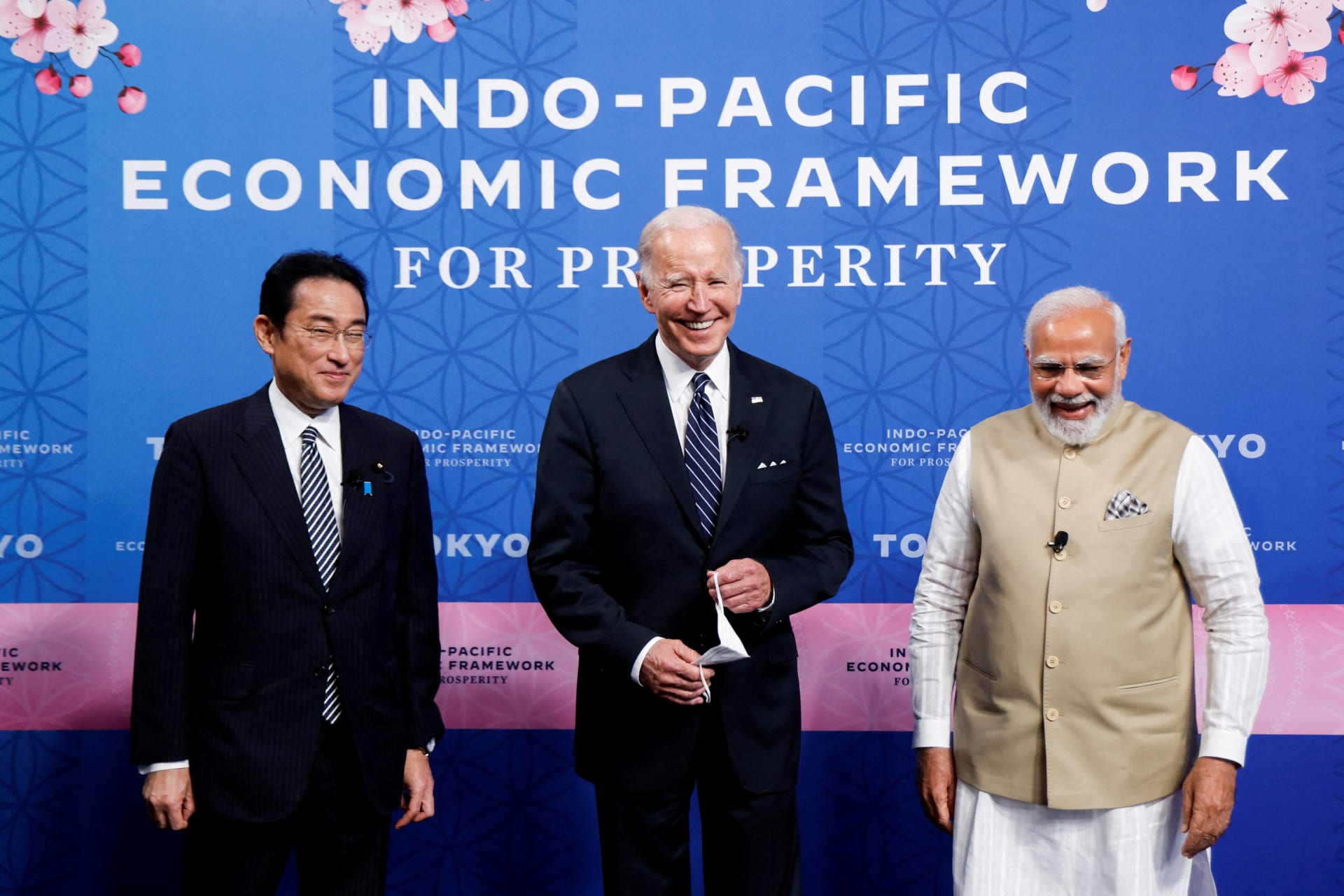 <p>U.S. President Joe Biden, India’s Prime Minister Narendra Modi, and Japan’s Prime Minister Fumio Kishida attend the Indo-Pacific Economic Framework for Prosperity (IPEF) launch event at Izumi Garden Gallery in Tokyo, Japan, on May 23, 2022.</p>
