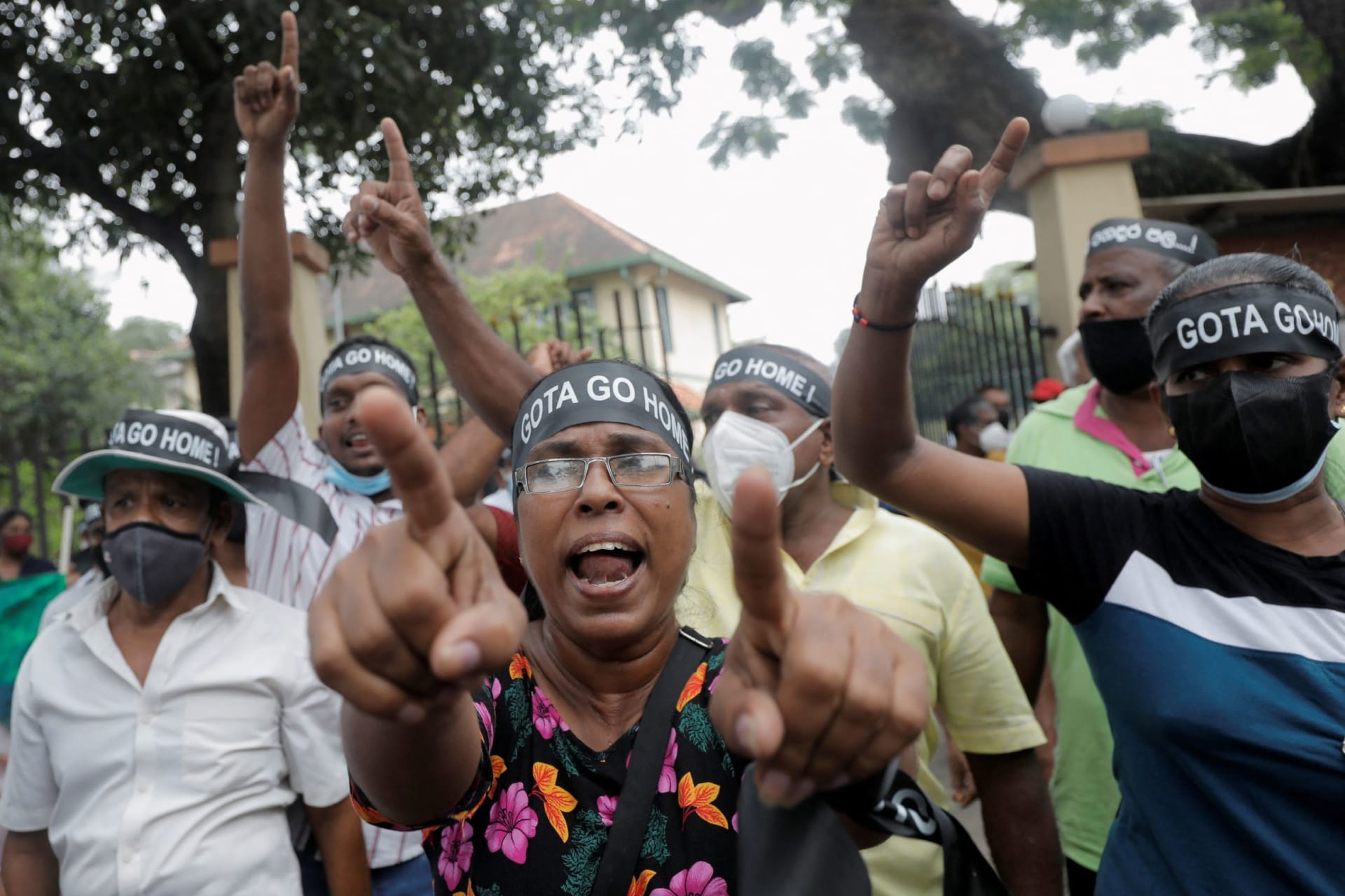 <p>People shout slogans against Sri Lanka’s President Gotabaya Rajapaksa during a protest in Colombo, Sri Lanka.</p>
