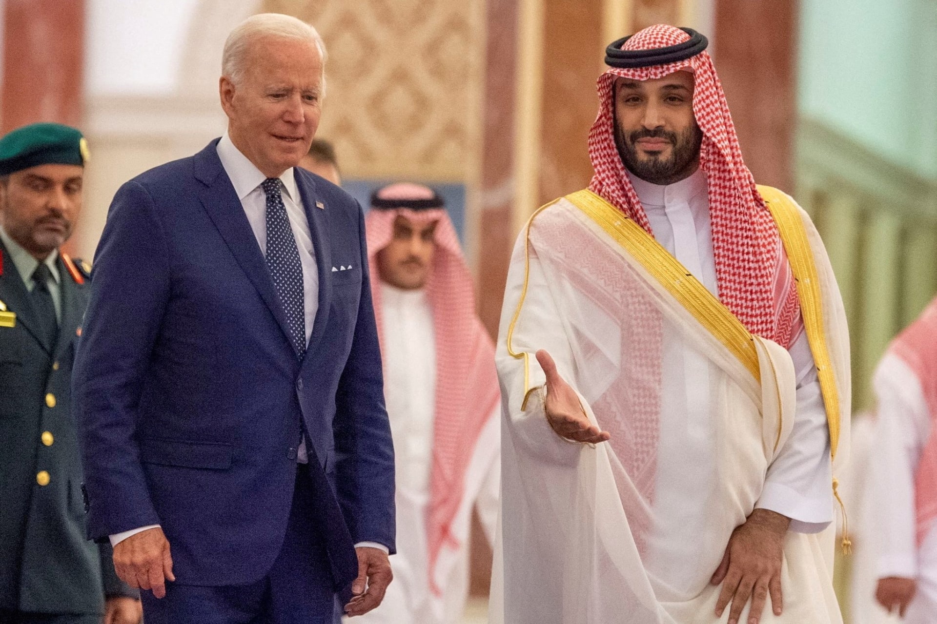 <p>President Joe Biden and Crown Prince Mohammed bin Salman walk at Al Salman Palace in Jeddah, Saudi Arabia in July 2022.</p>
