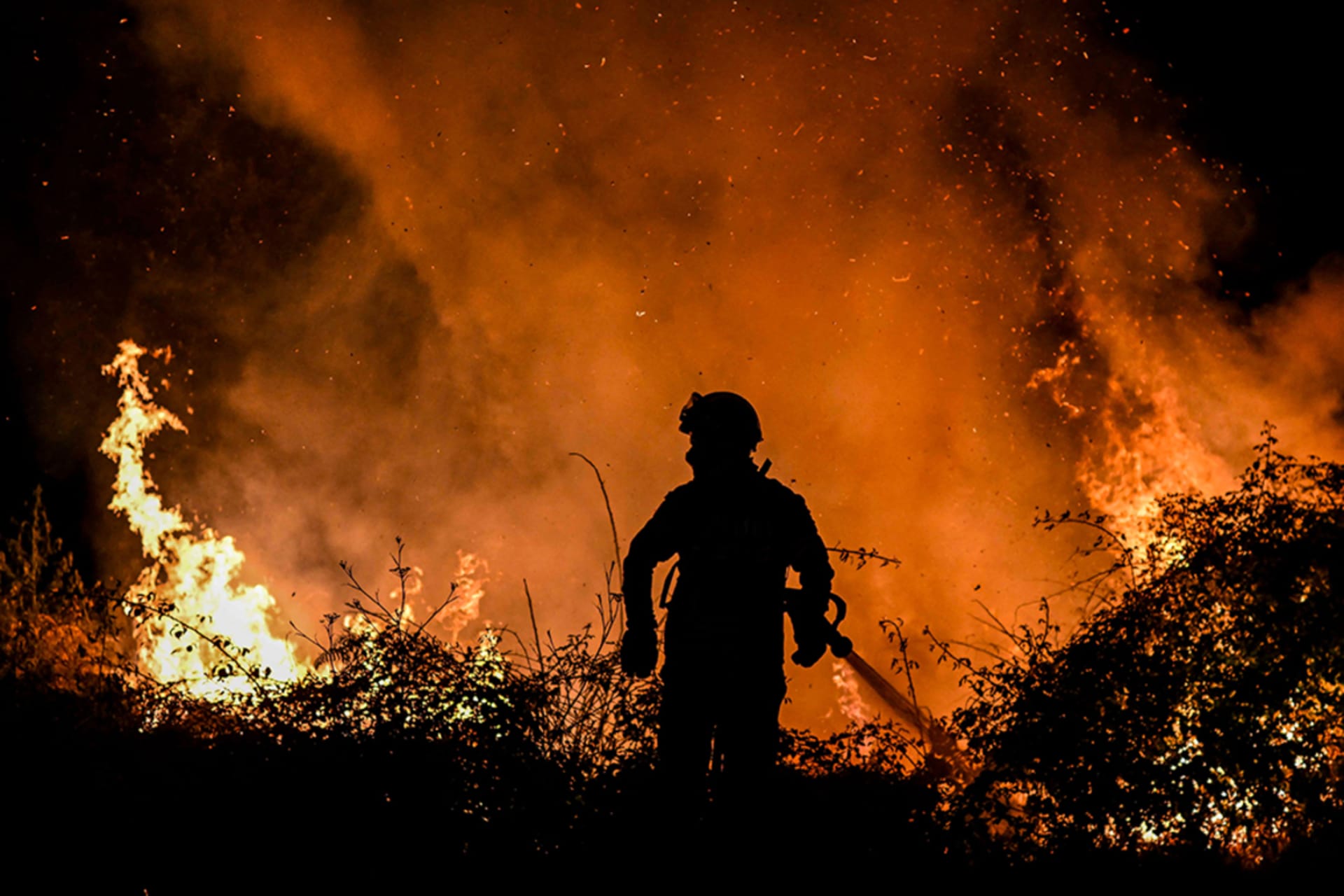 <p>A firefighter fights a forest fire in the north of Portugal, on July 15, 2022.</p>
