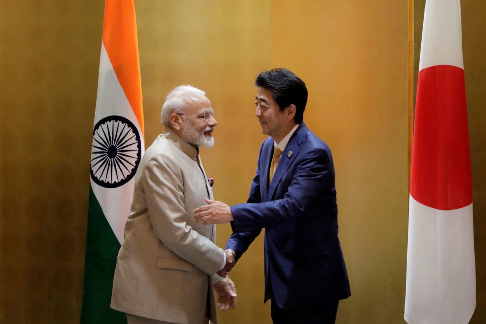 <p>Narendra Modi, India’s prime minister, shakes hands with Shinzo Abe, Japan’s prime minister, during a bilateral meeting ahead of the G20 summit in Osaka</p>

