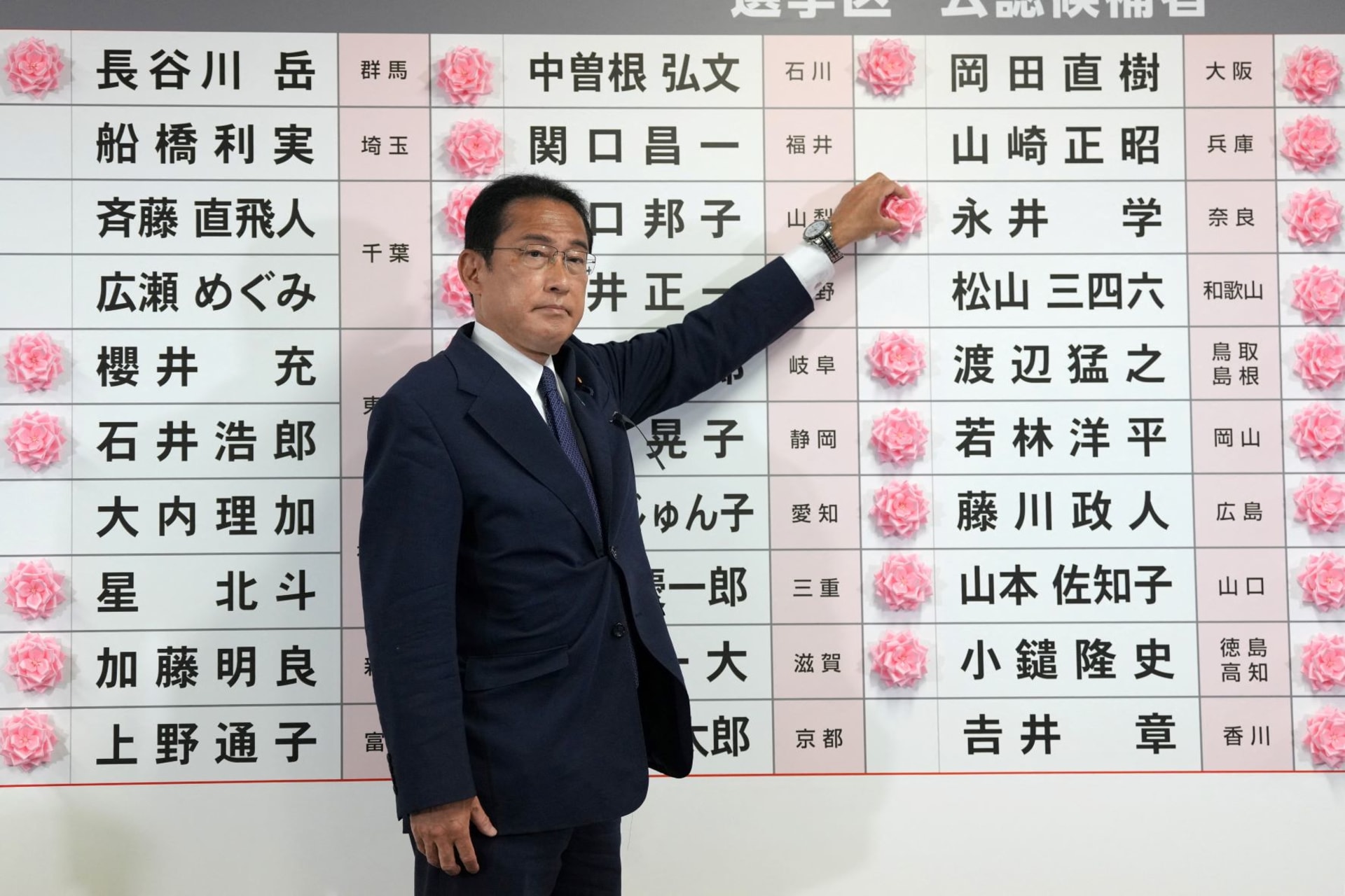 <p>Fumio Kishida, Japan’s Prime Minister and president of the Liberal Democratic Party (LDP), places a red paper rose on an LDP candidate’s name, to indicate a victory in the upper house election, at the party’s headquarters in Tokyo, Japan, July 10, 2022</p>
