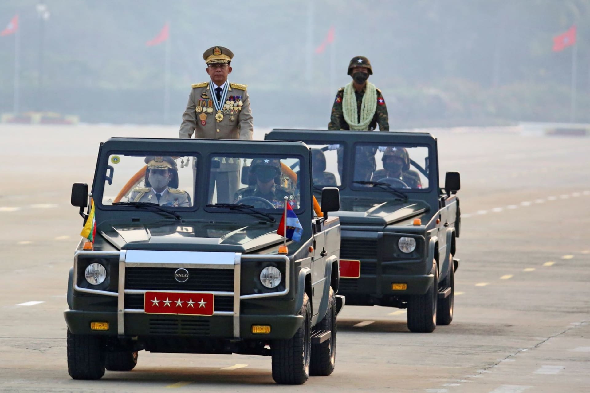 <p>Myanmar’s junta chief Senior General Min Aung Hlaing, who ousted the elected government in a coup on February 1, presides an army parade on Armed Forces Day in Naypyitaw, Myanmar, March 27, 2021. </p>
