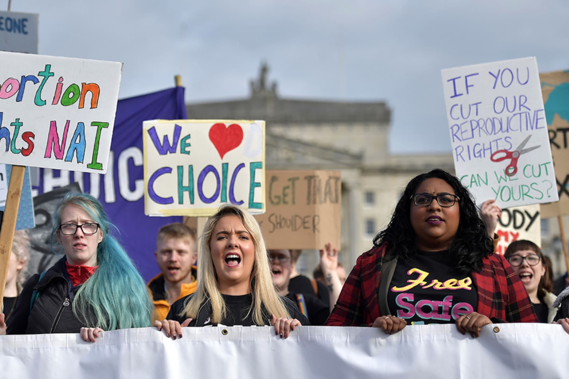 <p>Members of a pro-choice group protest in Belfast, Northern Ireland, in October 2019.</p>
