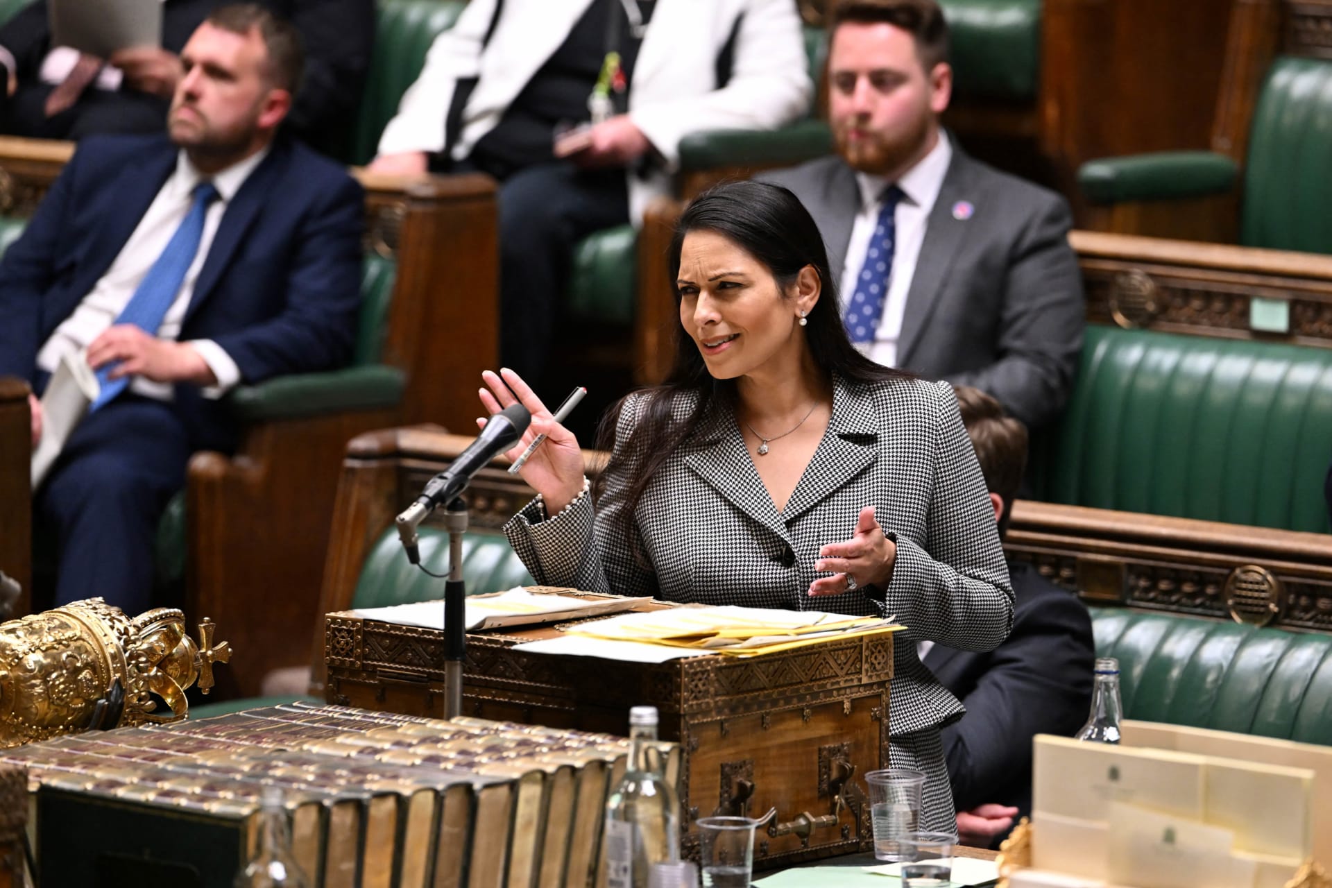<p>Britain’s Home Secretary Priti Patel speaks during a statement on Migration and Economic Development Partnership with Rwanda in London, Britain June 15, 2022.</p>
