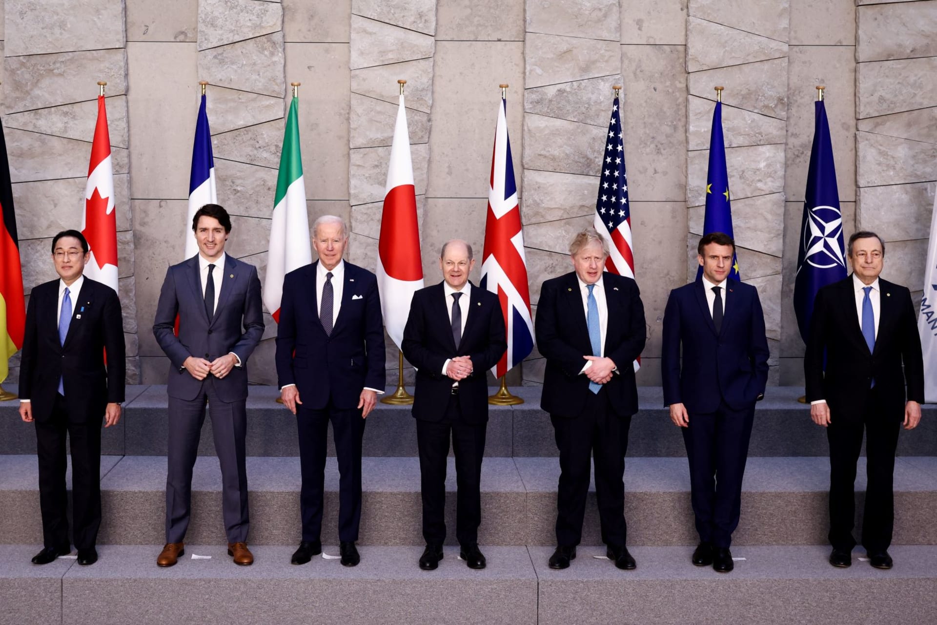 <p>G7 leaders pose for a family photo during a NATO summit on Russia’s invasion of Ukraine at the alliance’s headquarters in Brussels, Belgium on March 24, 2022.</p>
