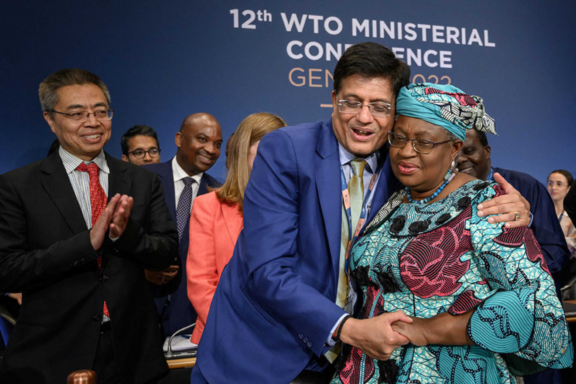 <p>WTO Director-General Ngozi Okonjo-Iweala (right) is congratulated by Indian Commerce Minister Piyush Goyal after a closing session of a WTO ministerial conference in Geneva in June 2022.</p>

