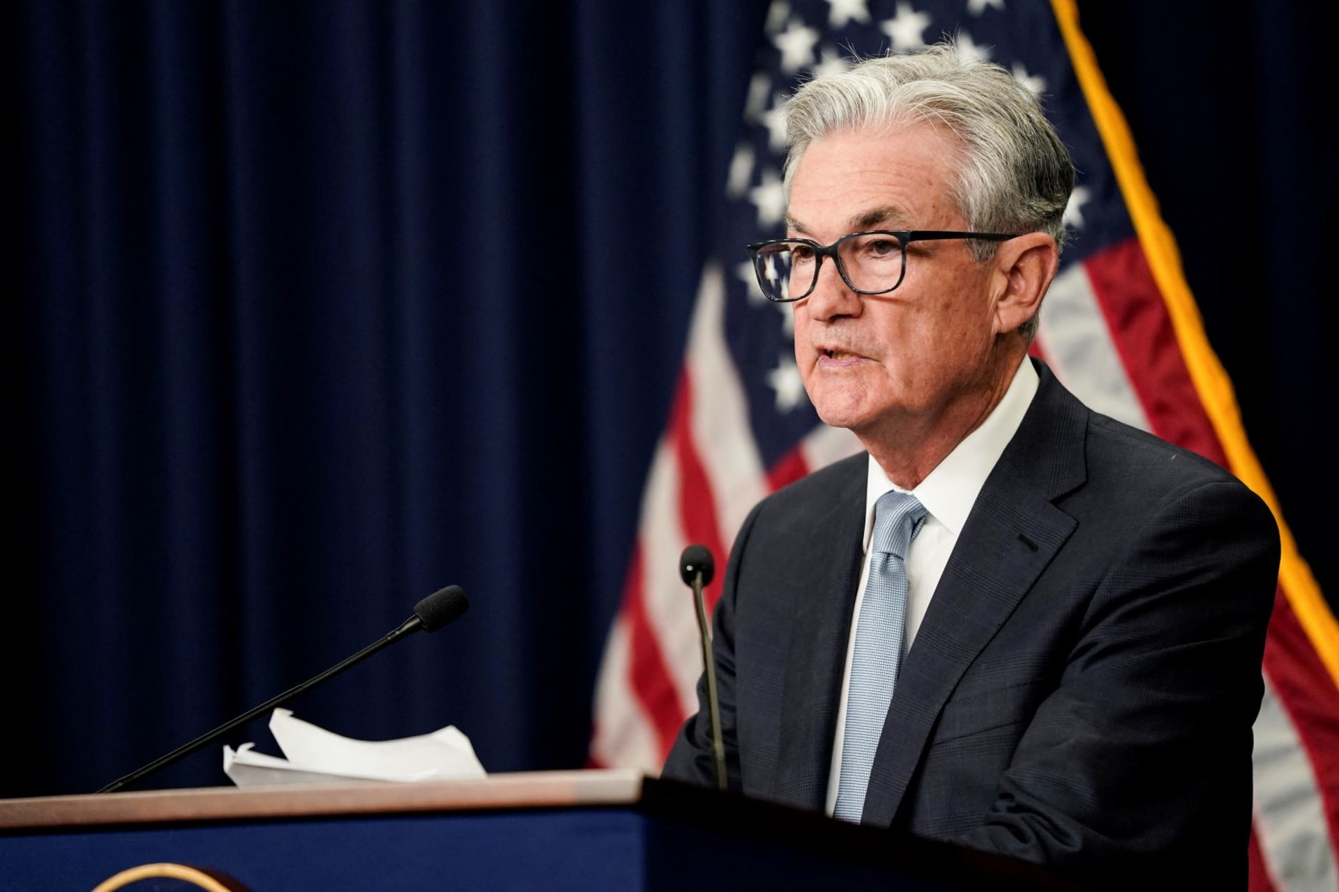 <p>Federal Reserve Board Chair Jerome Powell speaks about the U.S. economy and Fed interest rate plans during news conference following Federal Open Market Committee (FOMC) meeting in Washington</p>
