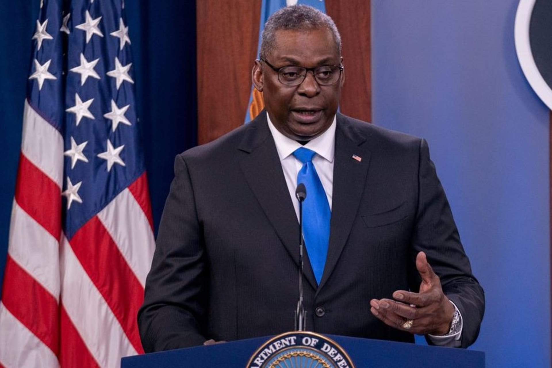 <p>U.S. Secretary of Defense Lloyd Austin speaks at the Pentagon in July 2021. Austin has been an advocate for the use of AI in military systems.</p>