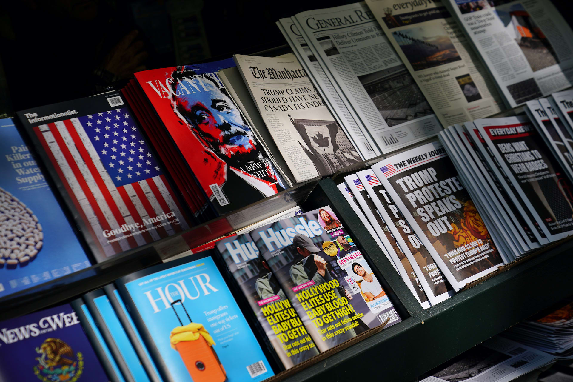 <p>A news stand outfitted with “Fake News” headlines as a stunt pulled off by the Columbia Journalism Review is pictured in the Manhattan borough of New York</p>
