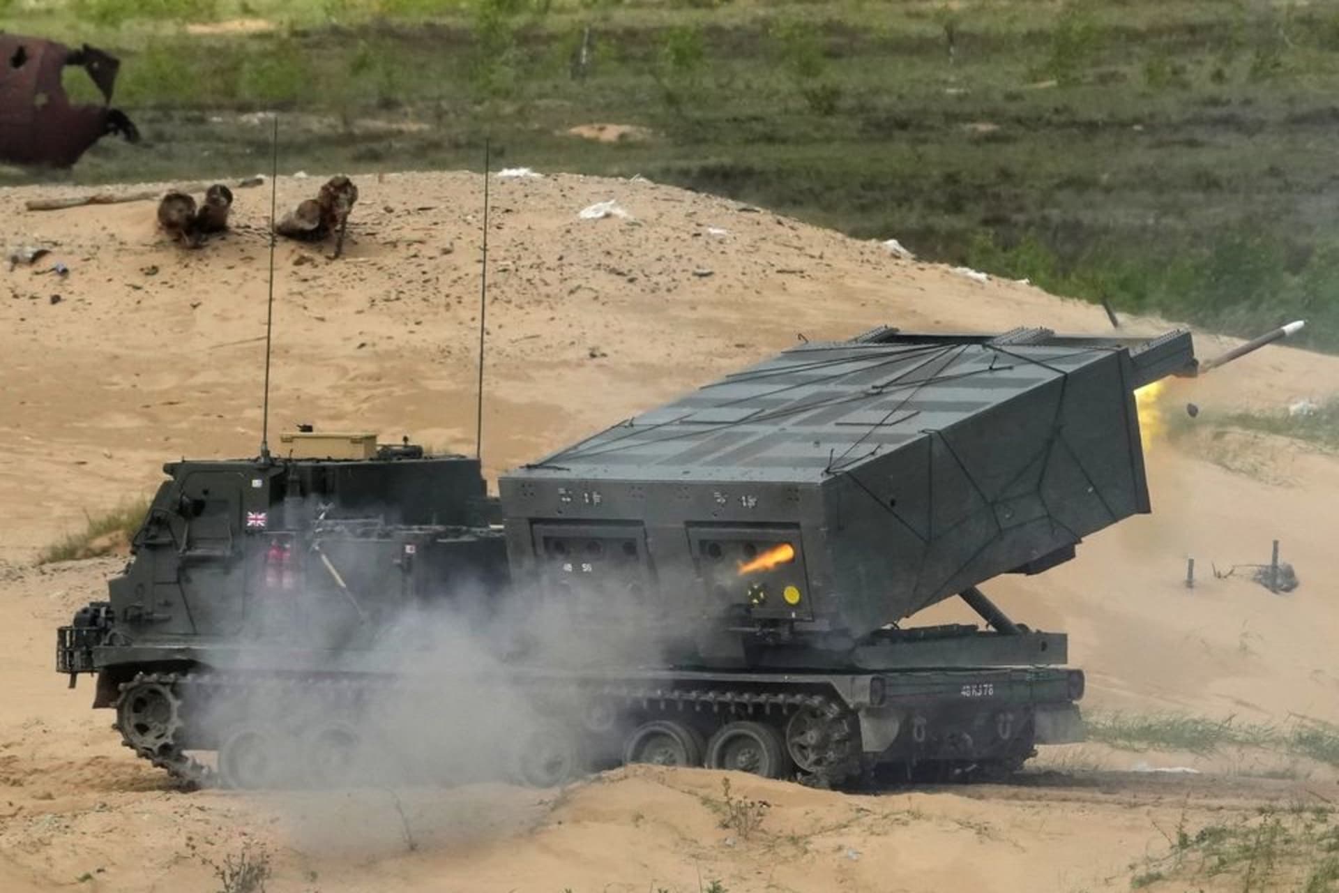 <p>A British M270 multiple rocket launch system fires during an exercise in Latvia in 2022.</p>
