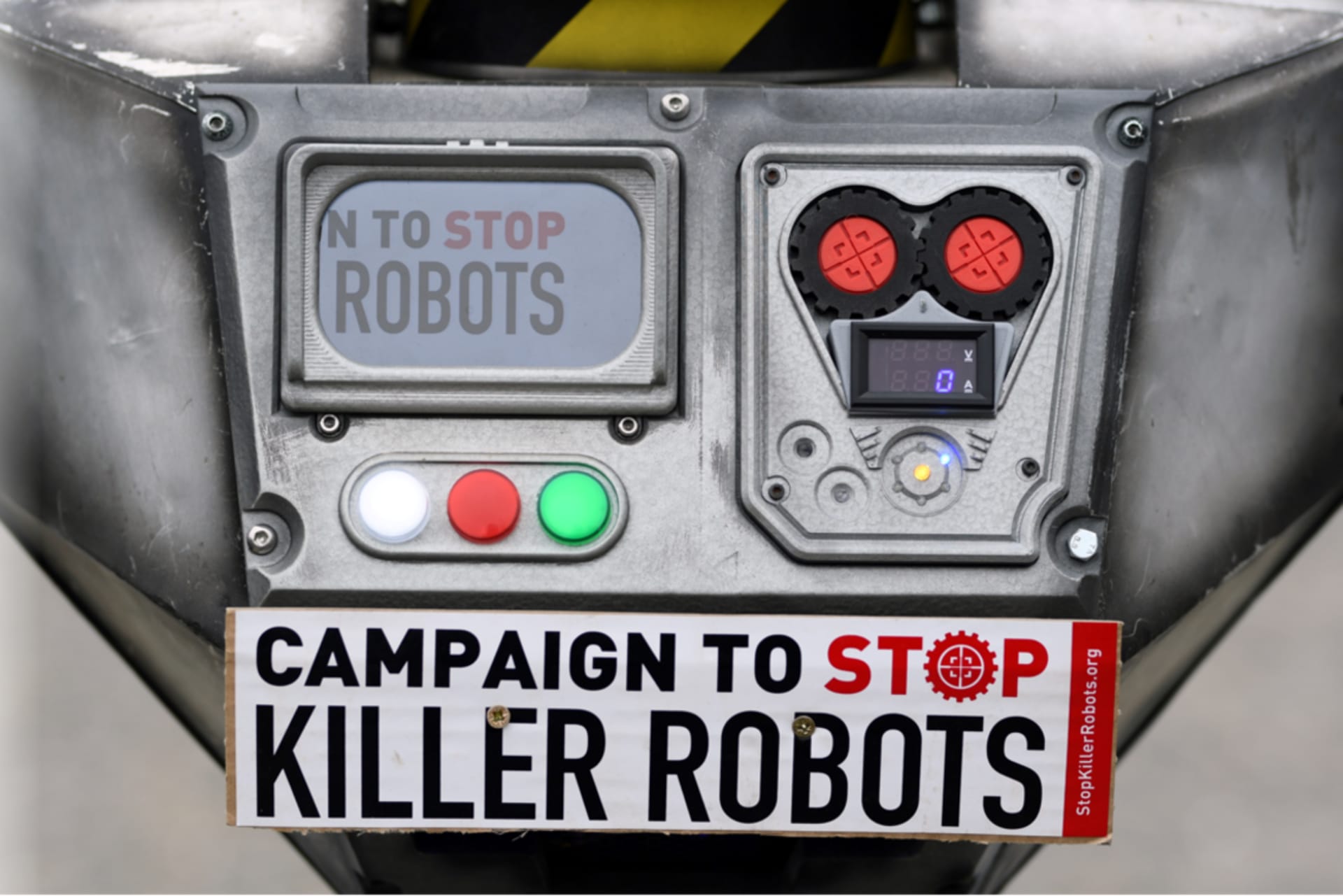 <p>A sign attached to a robot is pictured as activists from the Campaign to Stop Killer Robots, a coalition of non-governmental organisations opposing lethal autonomous weapons or so-called ‘killer robots’, stage a protest at Brandenburg Gate in Berlin.</p>
